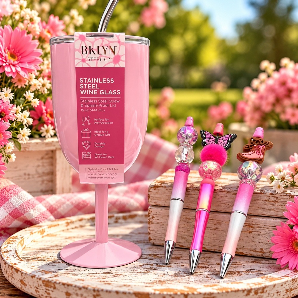 BKLYN Steel Co Pink Stainless Steel Wine Glass-Beaded Pen Gift Set‎ Bundle
